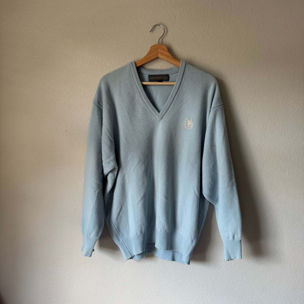 Vintage Gleneagles Baby Blue V Neck Sweater Embroidered Eagle Large